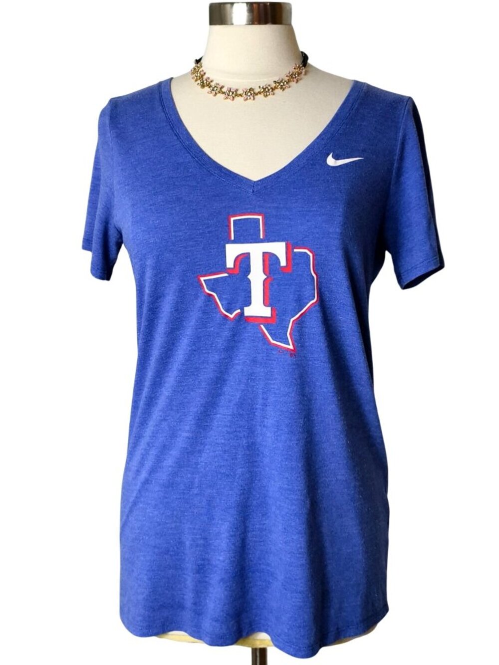 Nike Womens Texas Rangers L Blue Tee Graphic Baseball Athletic V Neck Sporty